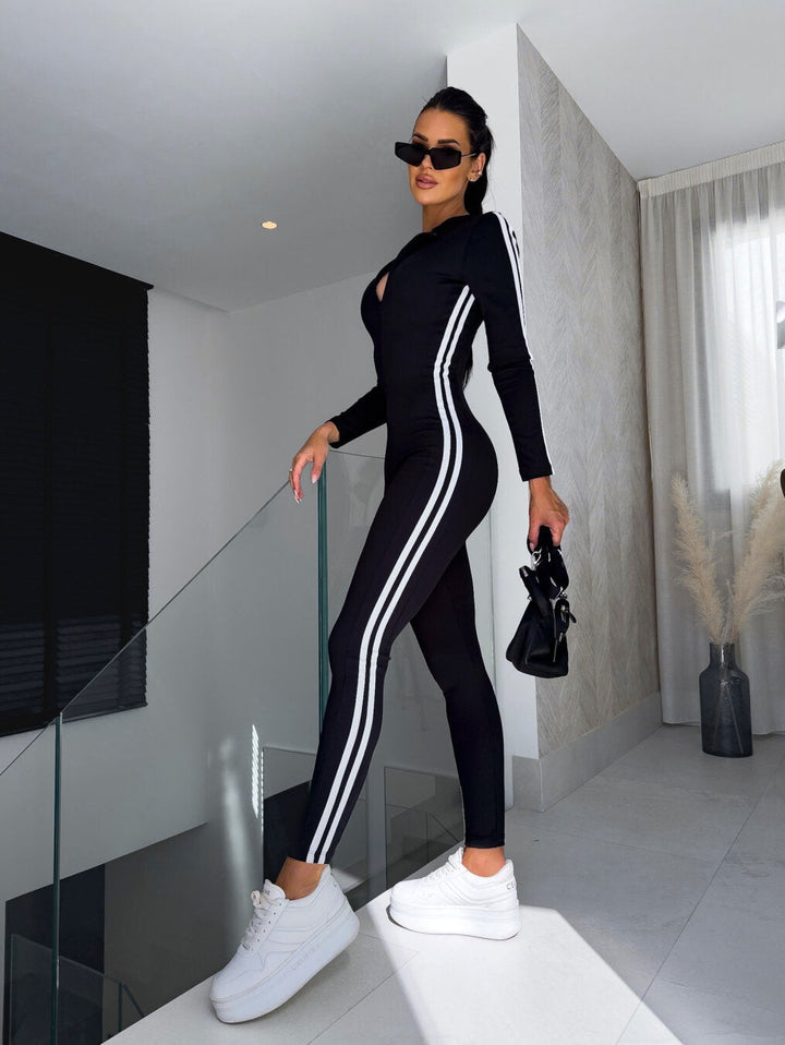 Women’s Long-Sleeve Active Jumpsuit – Sculpting Fit & Side Stripe Detail