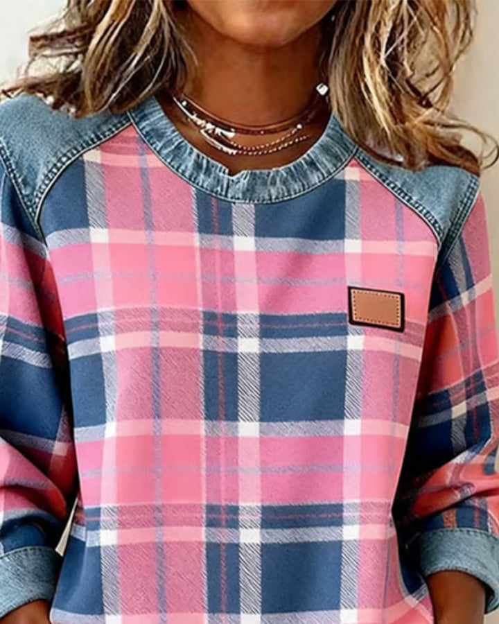 Women’s Plaid Patchwork Sweatshirt – Casual Comfort with a Modern Twist