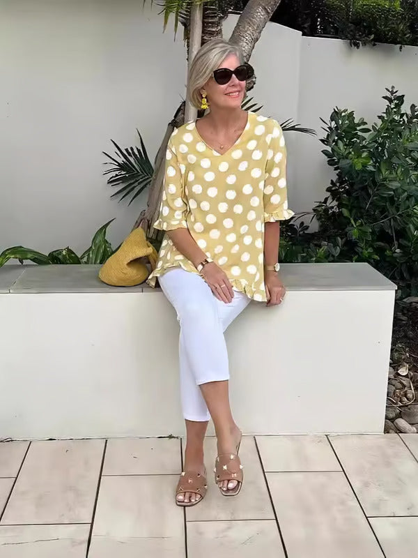 Women’s Polka Dot V-Neck Blouse – Relaxed Elegance & Everyday Comfort
