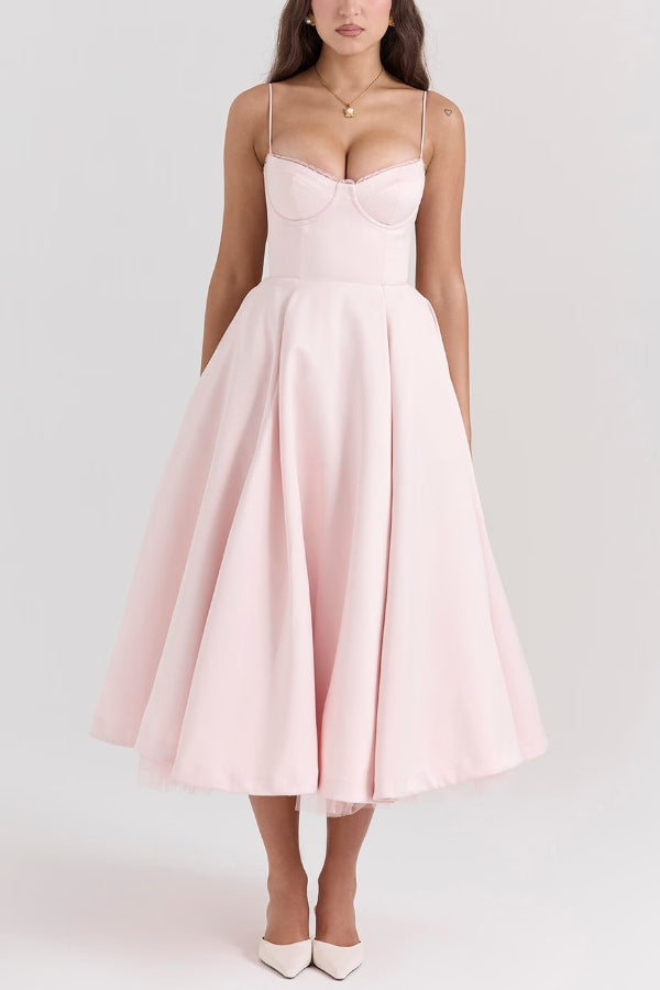 Women’s Satin Midi Dress – Corset Bodice & Twirl-Worthy Skirt