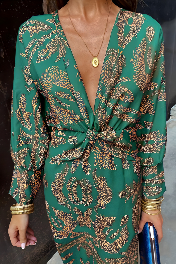 Women’s Boho Maxi Dress – Deep V Neck & Bold Statement Print