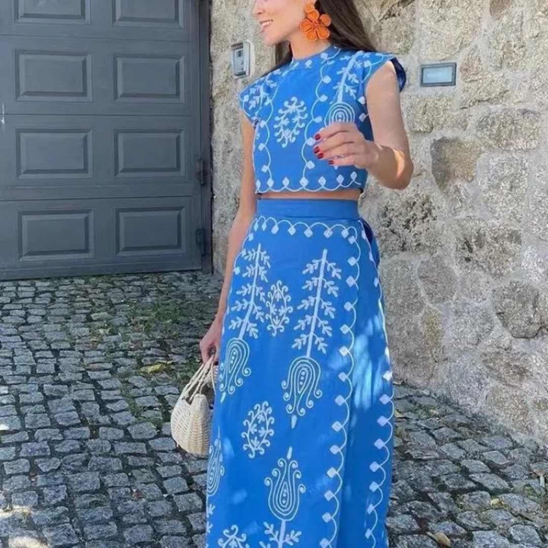 Women’s Embroidered Two-Piece Set – Boho Crop Top & Wrap Midi Skirt
