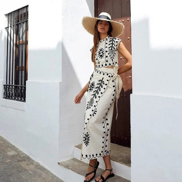 Women’s Embroidered Two-Piece Set – Boho Crop Top & Wrap Midi Skirt