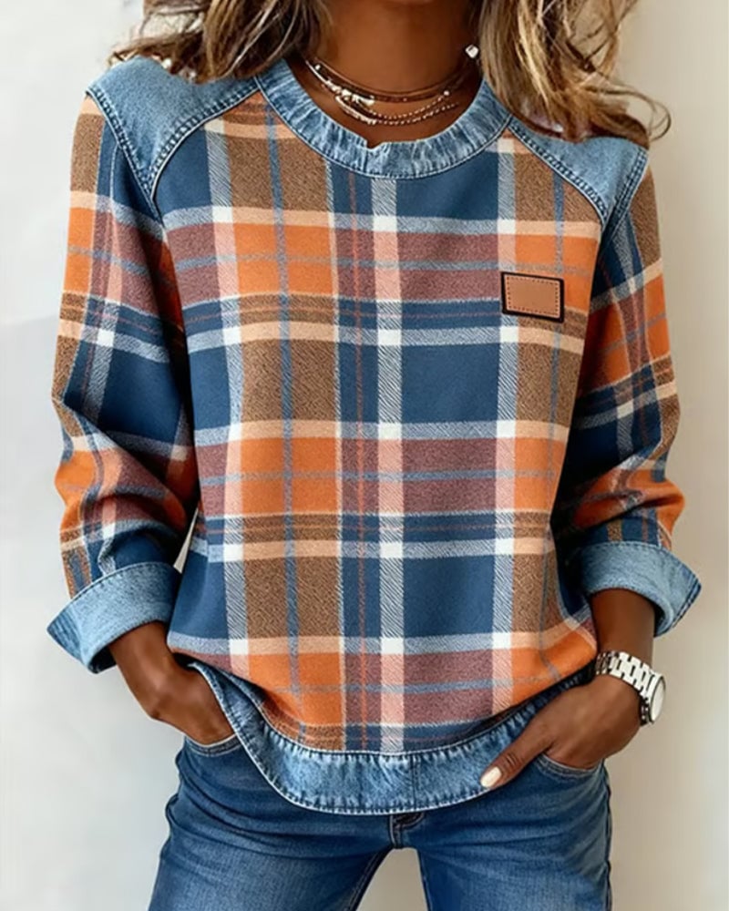 Women’s Plaid Patchwork Sweatshirt – Casual Comfort with a Modern Twist