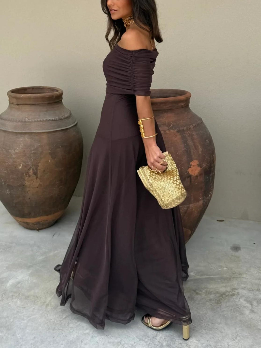 Women’s Off-Shoulder Maxi Dress – Flowy Chiffon Evening Elegance