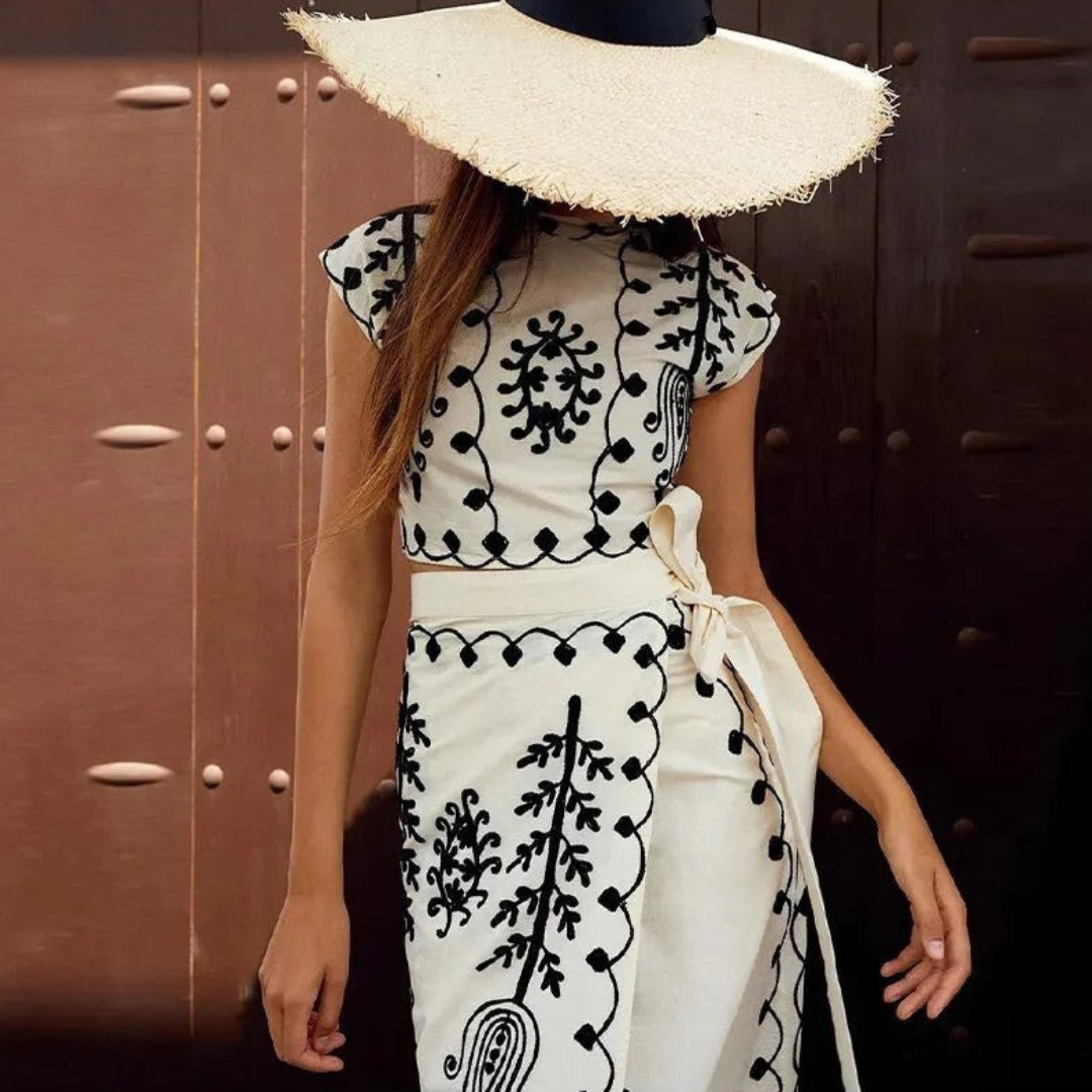 Women’s Embroidered Two-Piece Set – Boho Crop Top & Wrap Midi Skirt