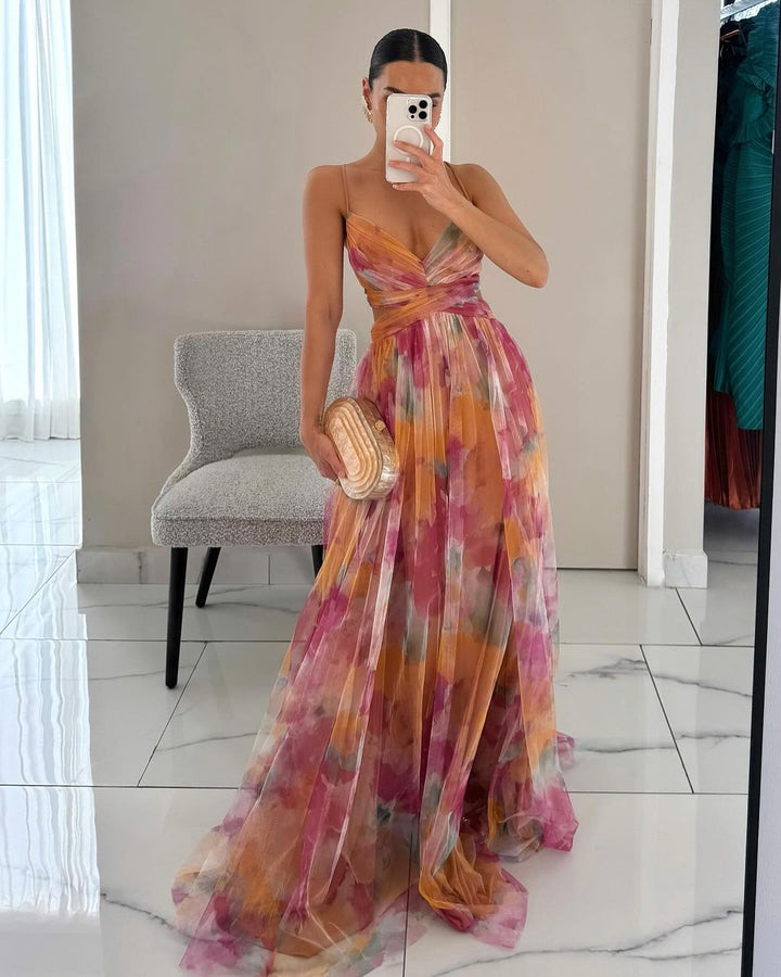 Women’s Watercolor Chiffon Maxi Dress – Romantic Flow & Evening Glow