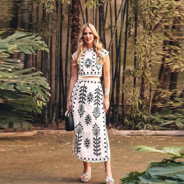 Women’s Embroidered Two-Piece Set – Boho Crop Top & Wrap Midi Skirt