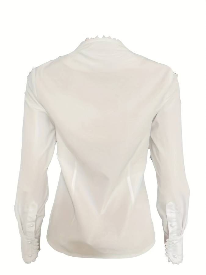 Women’s White Blouse – Pearl Button Front & Scalloped Trim