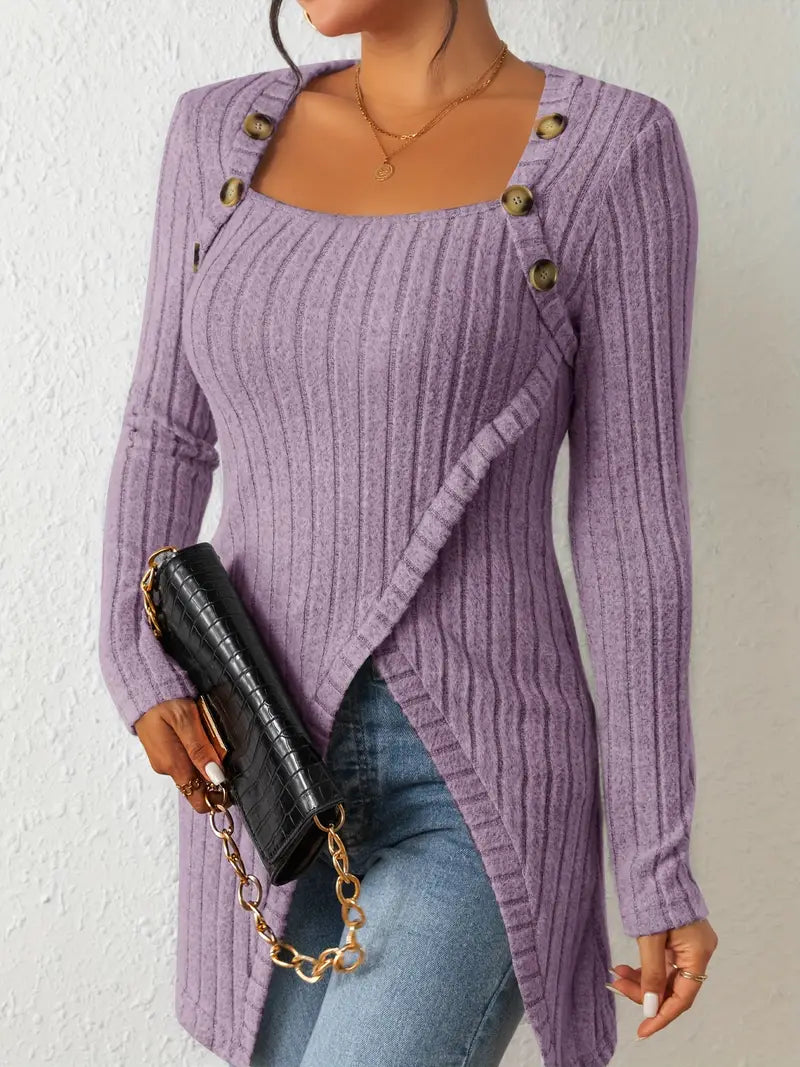 Damen Oberteil – Modernes Rippdesign mit asymmetrischen Knöpfen