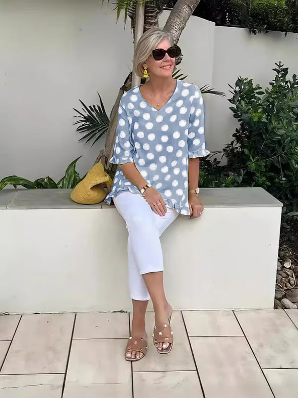 Women’s Polka Dot V-Neck Blouse – Relaxed Elegance & Everyday Comfort