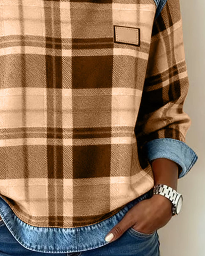 Women’s Plaid Patchwork Sweatshirt – Casual Comfort with a Modern Twist