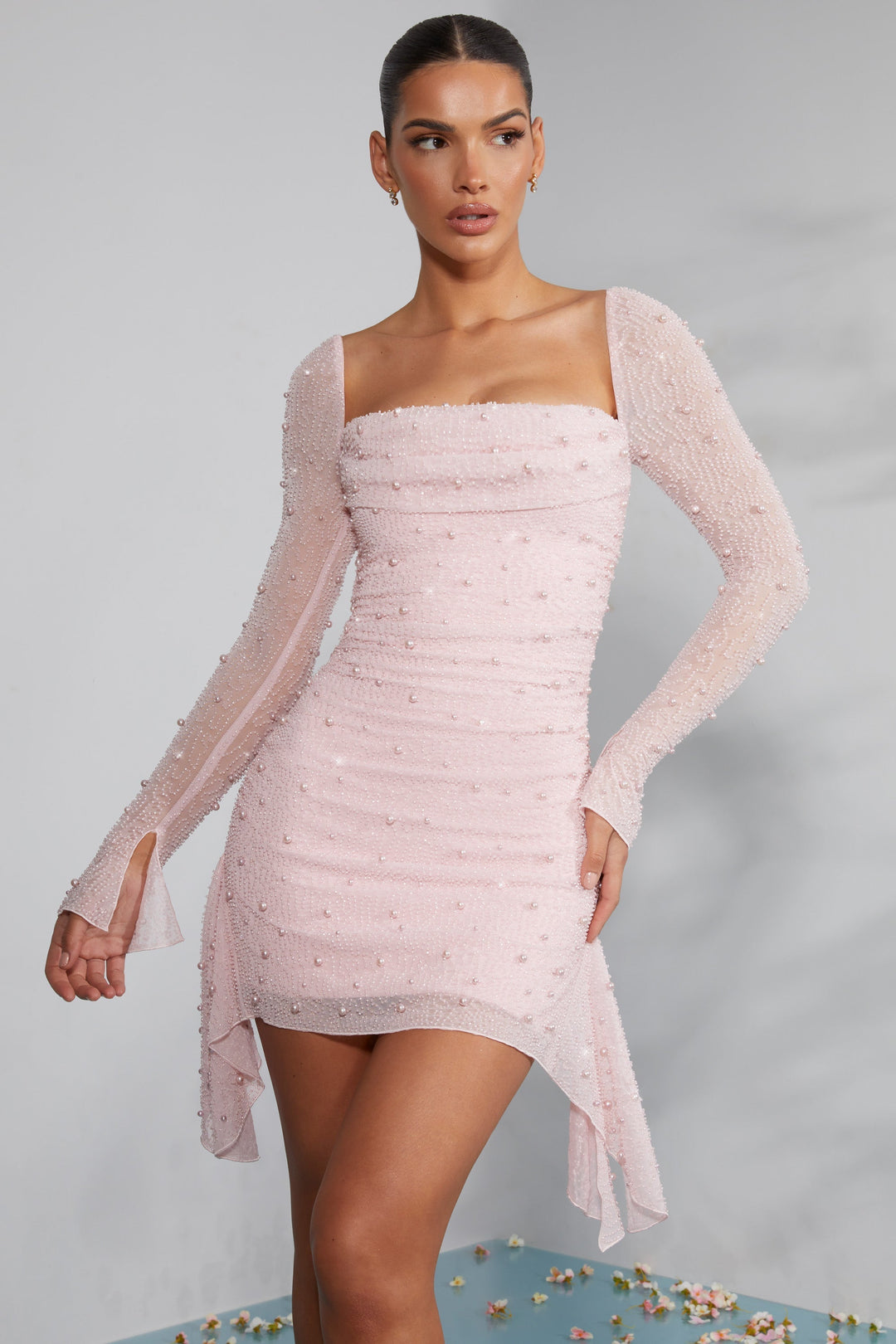 Women’s Blush Embellished Mini Dress – Long Sleeve Party Glam