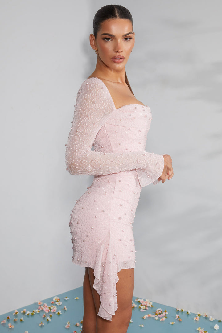 Women’s Blush Embellished Mini Dress – Long Sleeve Party Glam