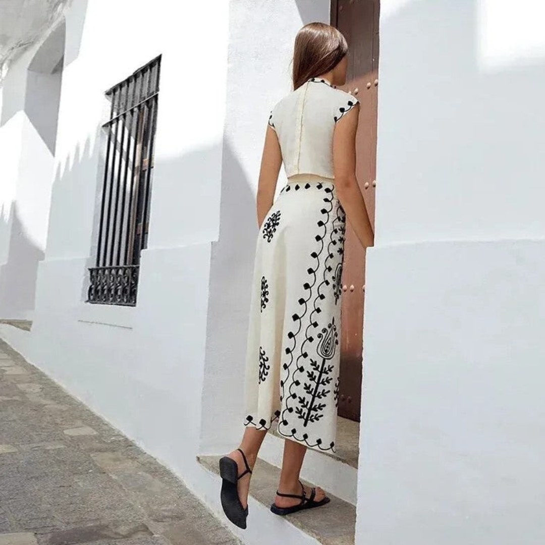 Women’s Embroidered Two-Piece Set – Boho Crop Top & Wrap Midi Skirt