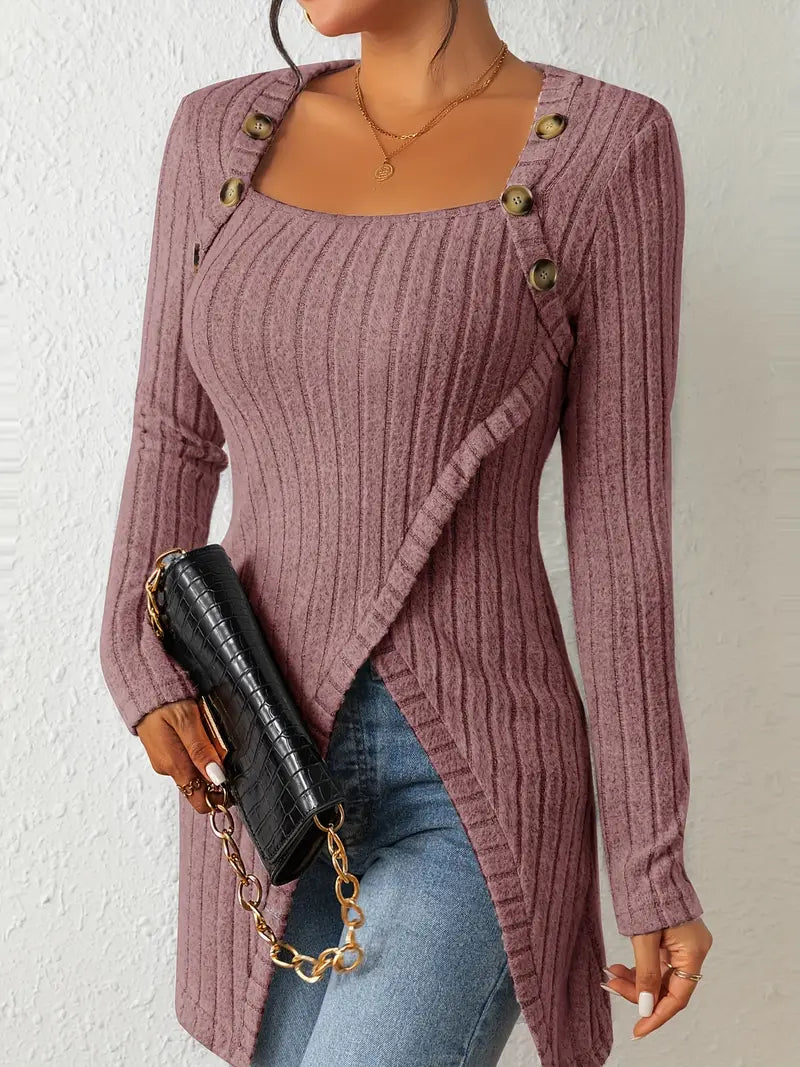 Damen Oberteil – Modernes Rippdesign mit asymmetrischen Knöpfen