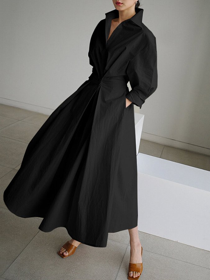Women’s Maxi Shirt Dress – Minimalist Belted A-Line Elegance