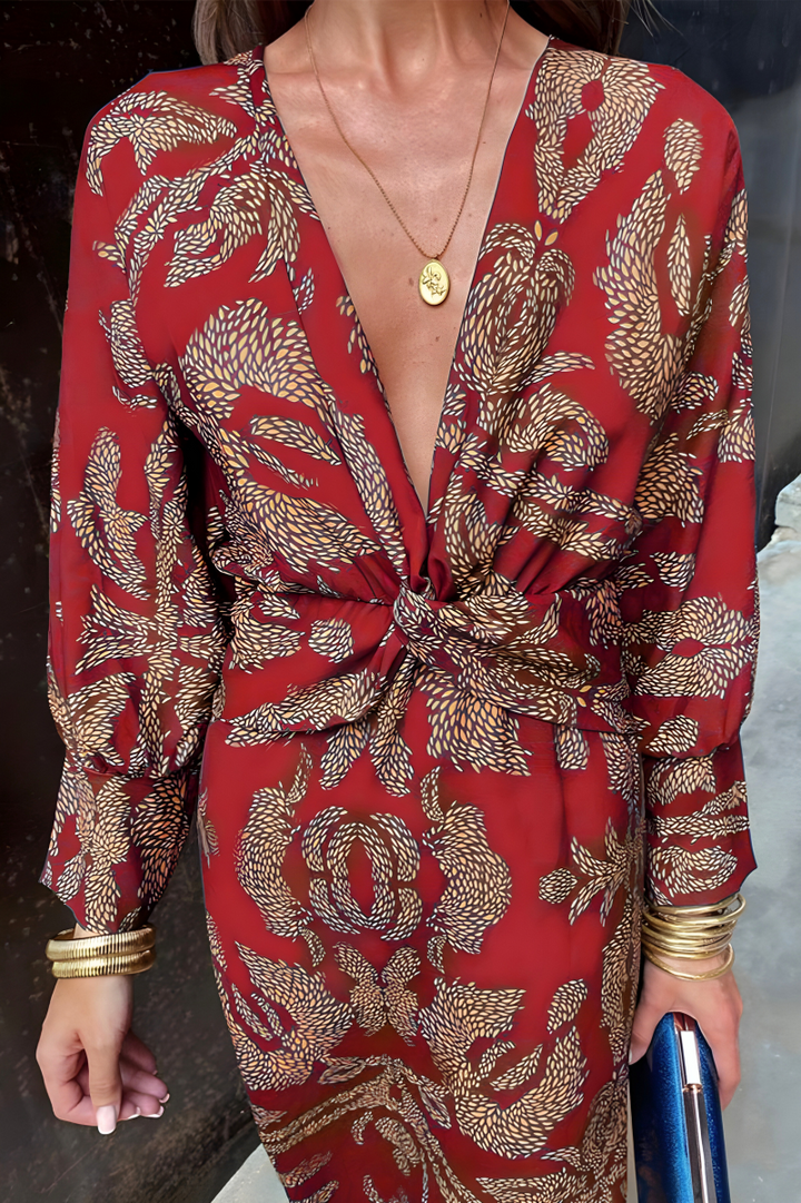 Women’s Boho Maxi Dress – Deep V Neck & Bold Statement Print