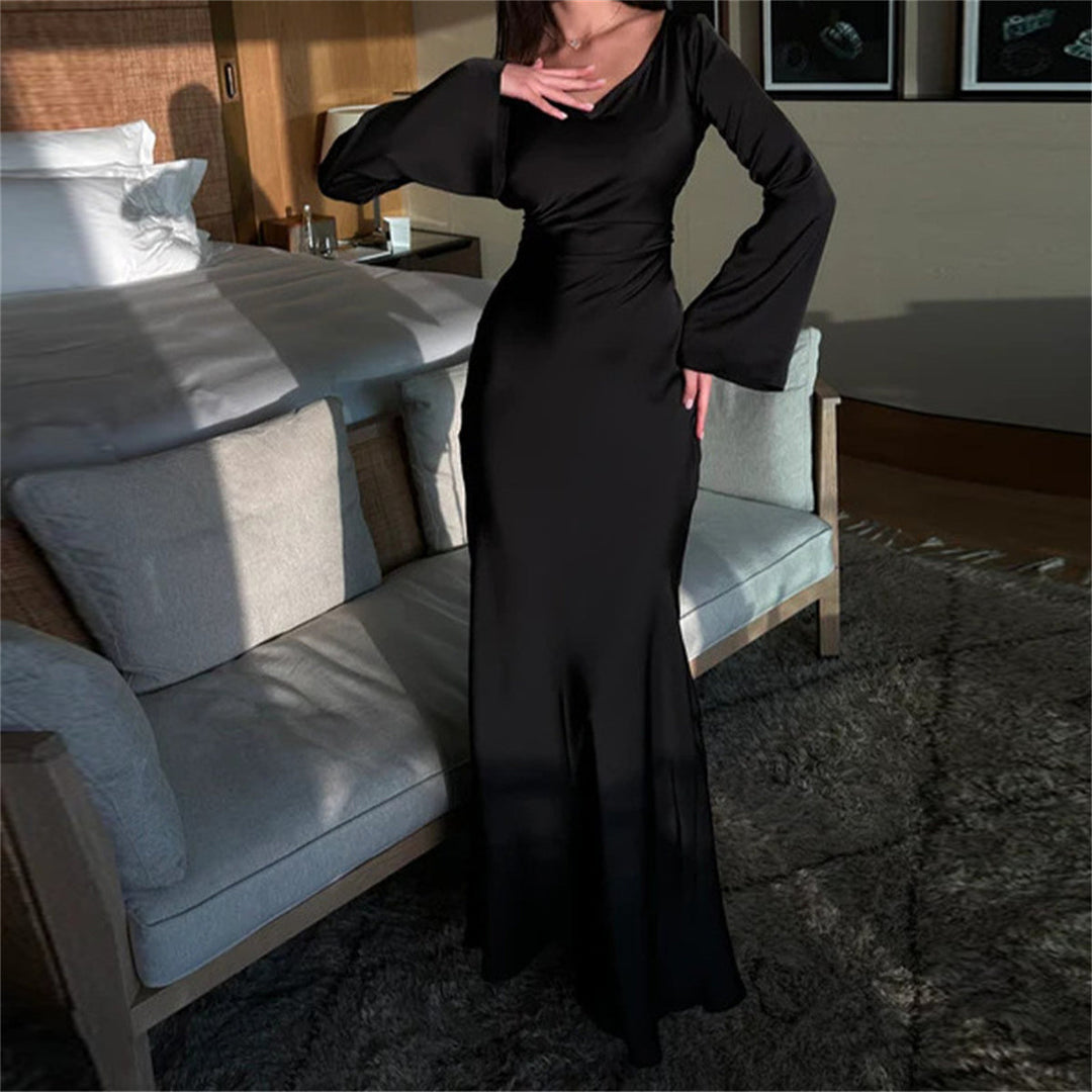 Women’s Satin Maxi Dress – Long Sleeve Evening Elegance