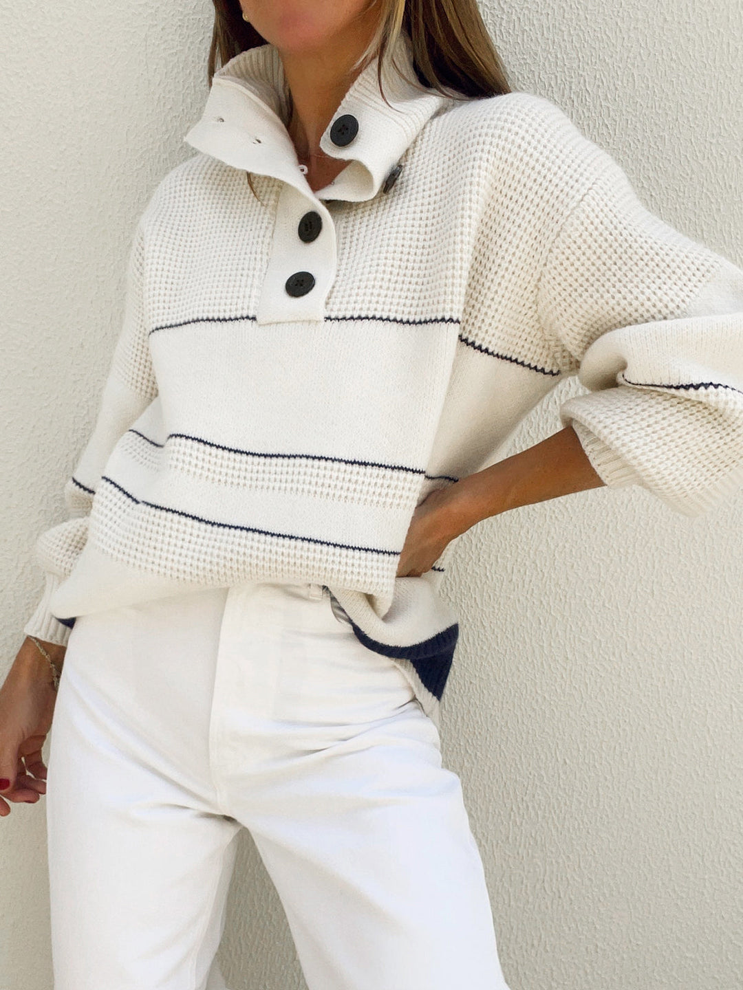 Women’s Button Collar Knit Pullover – Coastal-Inspired Knit Essential