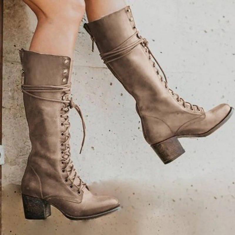 Women Knee-High Chunky Heel Boots – PU Leather, Lace-Up Style