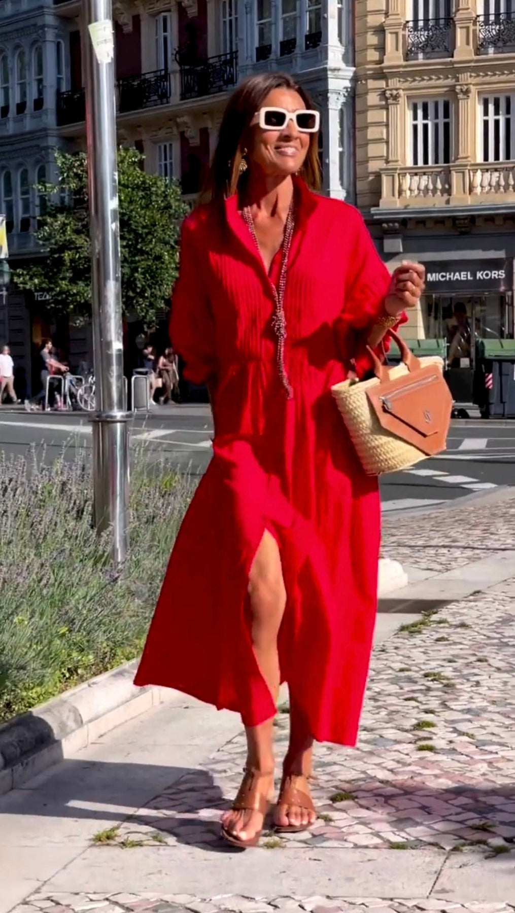 Women’s Red Midi Shirt Dress – Pleated Detail & Belted Confidence