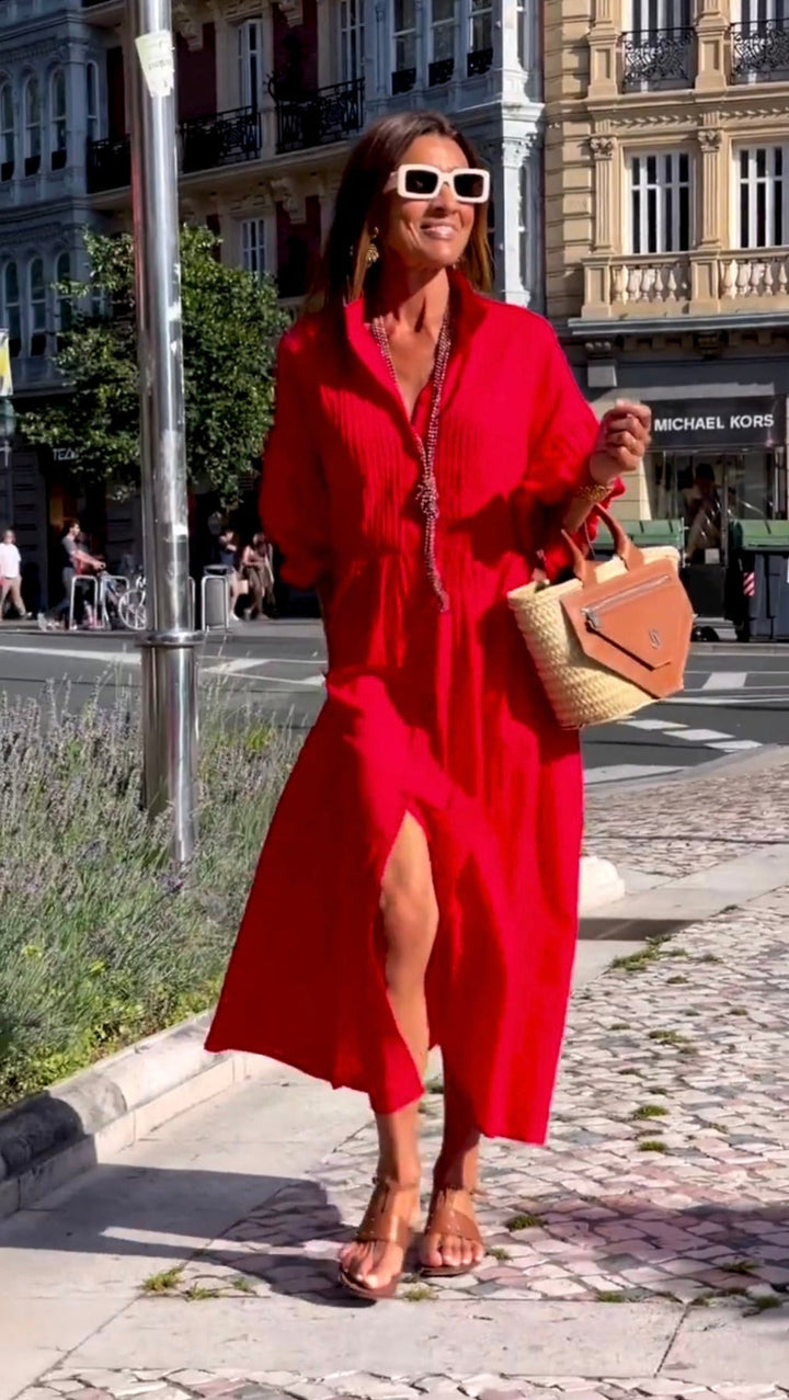 Women’s Red Midi Shirt Dress – Pleated Detail & Belted Confidence