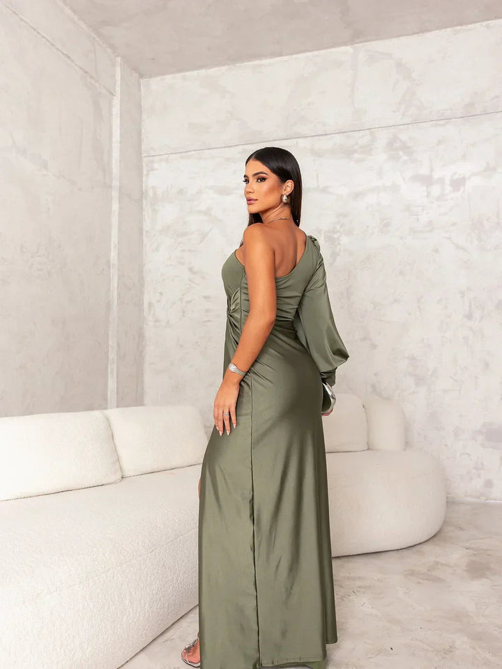 Women’s One-Shoulder Satin Maxi Dress – Draped Fit & Evening Elegance