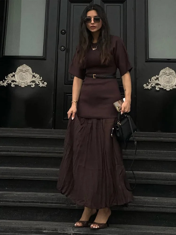 Women’s Pleated Maxi Dress – Structured Top & Flowing Skirt