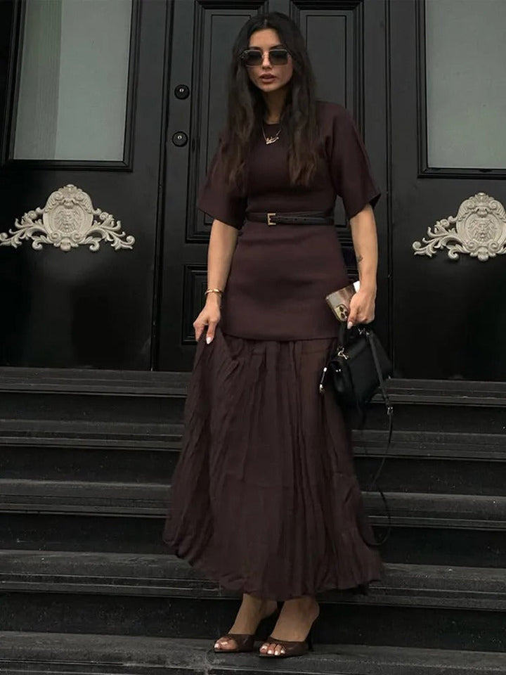 Women’s Pleated Maxi Dress – Structured Top & Flowing Skirt