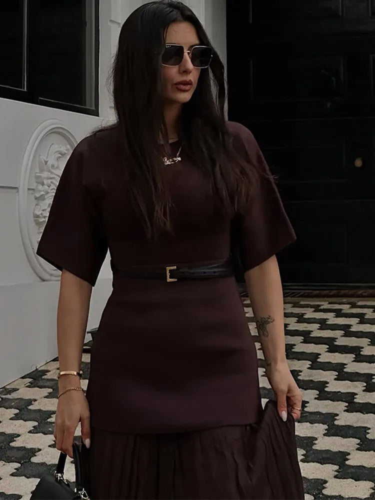 Women’s Pleated Maxi Dress – Structured Top & Flowing Skirt