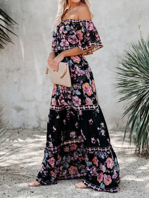 Women’s Off-Shoulder Floral Maxi Dress – Tiered Fit & Summer Elegance