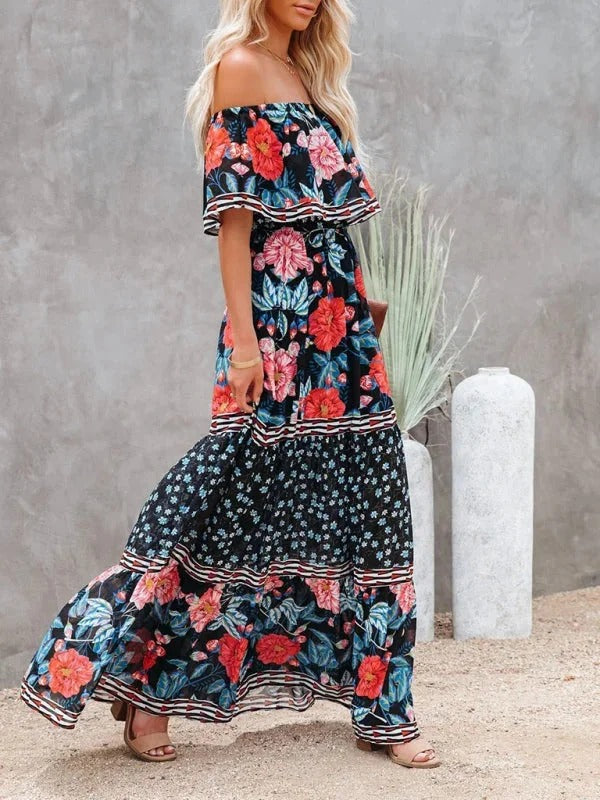 Women’s Off-Shoulder Floral Maxi Dress – Tiered Fit & Summer Elegance