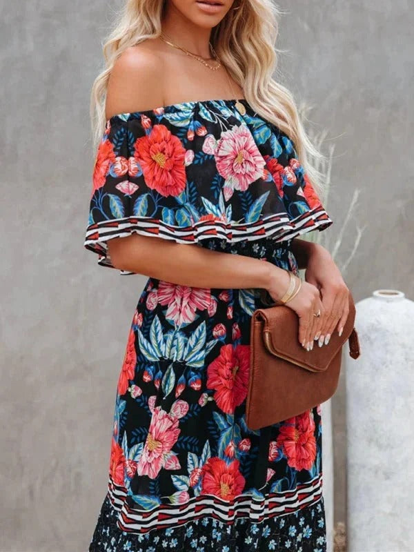 Women’s Off-Shoulder Floral Maxi Dress – Tiered Fit & Summer Elegance