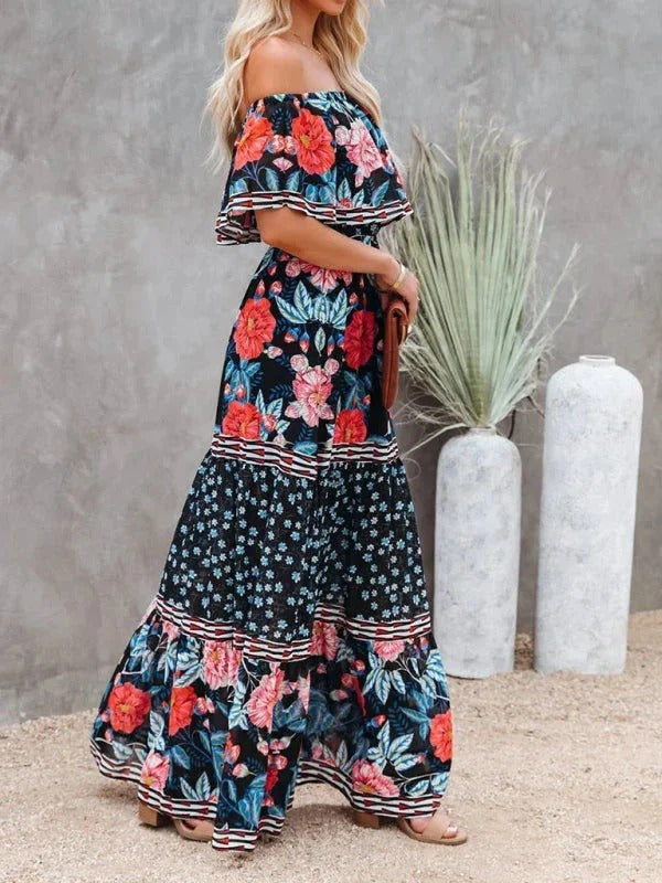 Women’s Off-Shoulder Floral Maxi Dress – Tiered Fit & Summer Elegance