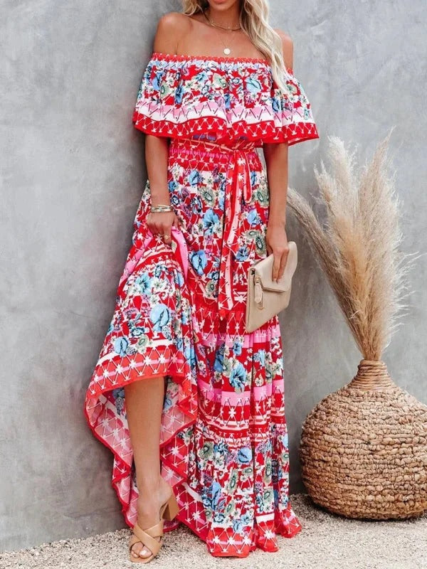 Women’s Off-Shoulder Floral Maxi Dress – Tiered Fit & Summer Elegance