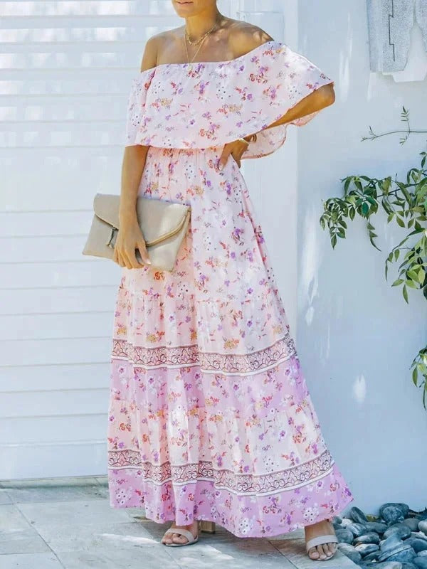 Women’s Off-Shoulder Floral Maxi Dress – Tiered Fit & Summer Elegance