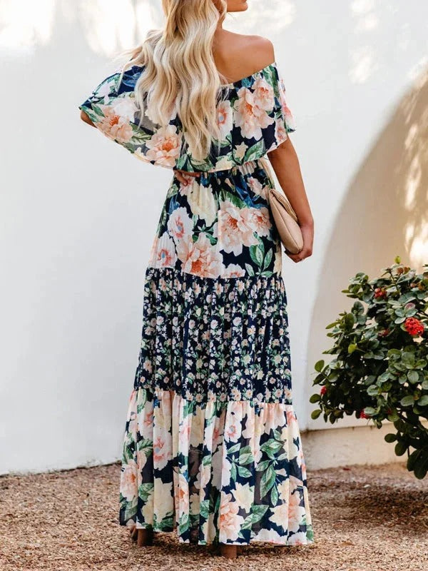 Women’s Off-Shoulder Floral Maxi Dress – Tiered Fit & Summer Elegance