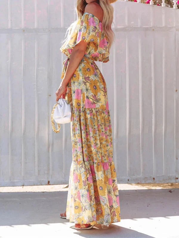 Women’s Off-Shoulder Floral Maxi Dress – Tiered Fit & Summer Elegance