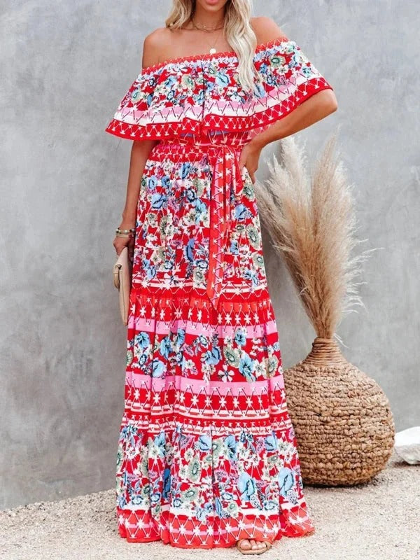 Women’s Off-Shoulder Floral Maxi Dress – Tiered Fit & Summer Elegance