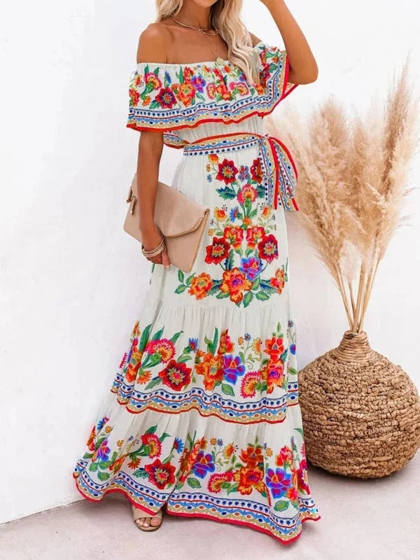 Women’s Off-Shoulder Floral Maxi Dress – Tiered Fit & Summer Elegance