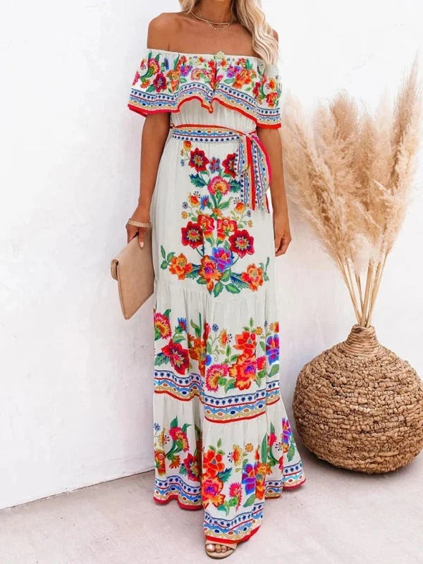 Women’s Off-Shoulder Floral Maxi Dress – Tiered Fit & Summer Elegance