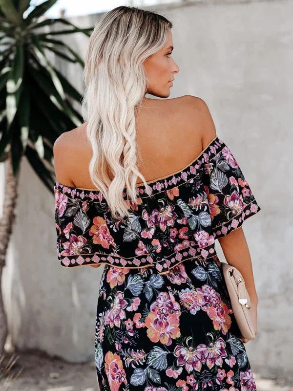Women’s Off-Shoulder Floral Maxi Dress – Tiered Fit & Summer Elegance