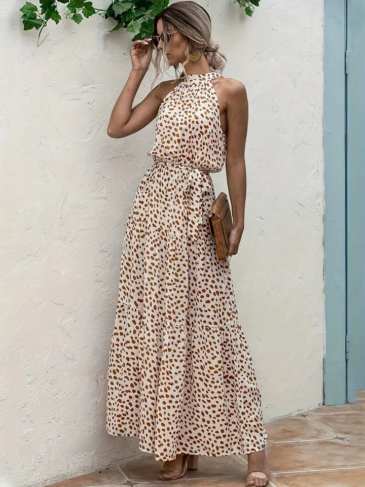 Women’s Sleeveless Halter Maxi Dress – A-Line Fit & Geometric Print