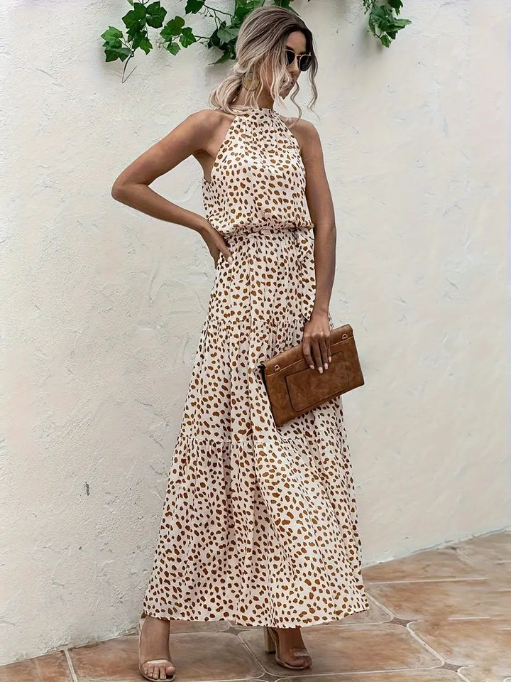 Women’s Sleeveless Halter Maxi Dress – A-Line Fit & Geometric Print