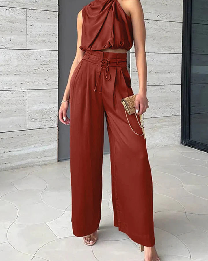 Women’s One-Shoulder Two-Piece Satin Set – Elegant Wide-Leg Fit