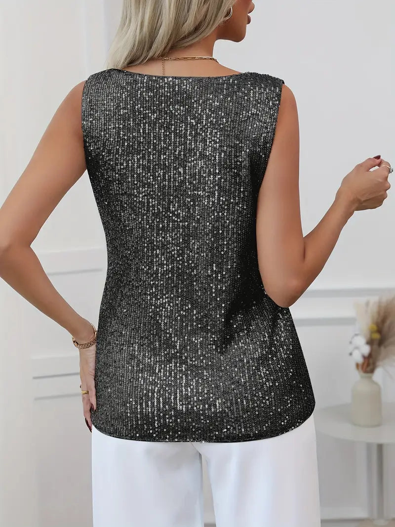 Women’s Sequin V-Neck Top – Sleeveless Fit & Subtle Glamour