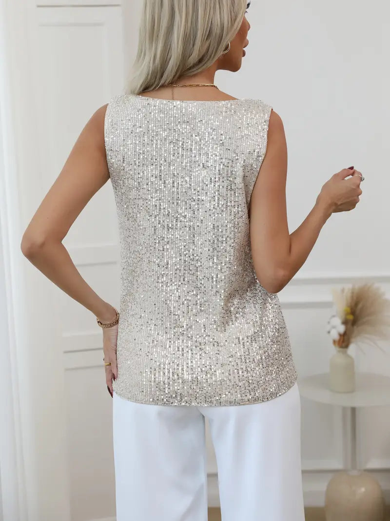 Women’s Sequin V-Neck Top – Sleeveless Fit & Subtle Glamour