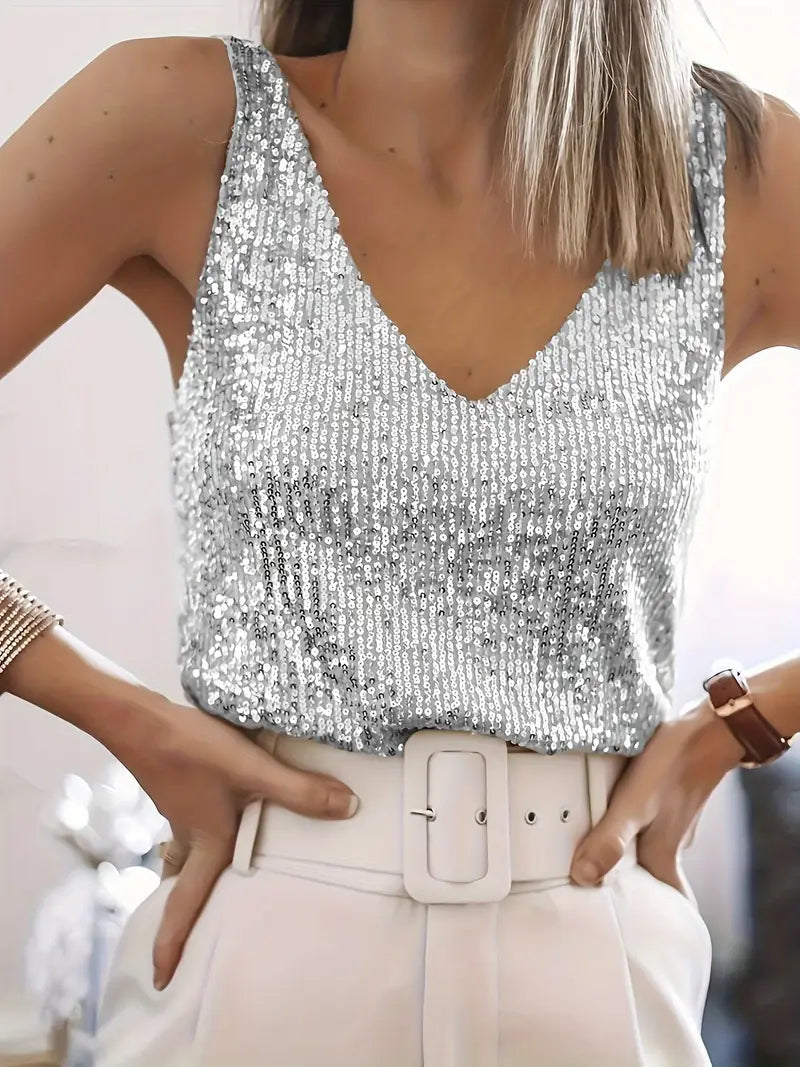 Women’s Sequin V-Neck Top – Sleeveless Fit & Subtle Glamour