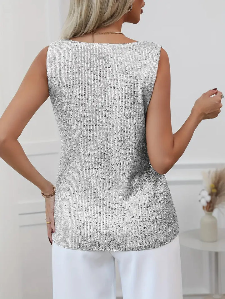 Women’s Sequin V-Neck Top – Sleeveless Fit & Subtle Glamour